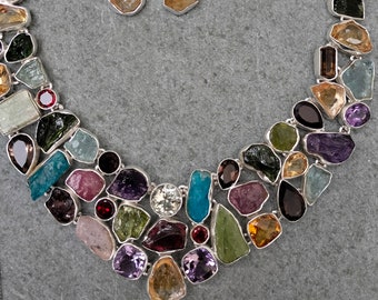 Natural Multi Stone Raw  Necklace, Multi Gemstone Necklace, 92.5 Sterling Silver Necklace.