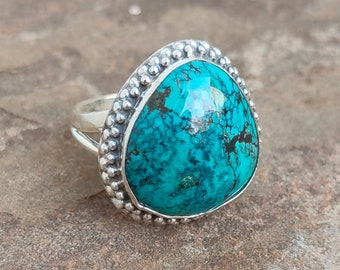 Boho Turquoise Ring, Natural Tibetan Turquoise Ring, 92.5 Sterling Silver Ring, Cabochon Turquoise Ring, Gift For Her