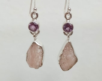 Raw Rose Quartz Earrings: Sterling Silver, Natural Amethyst Accent