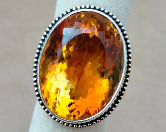 Anello con citrino ovale da 48,35 carati, fatto a mano e certificato: argento sterling 925, design tribale