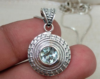 Blue Topaz Silver Necklace, Gemstone Pendant, 92.5 Sterling Silver.