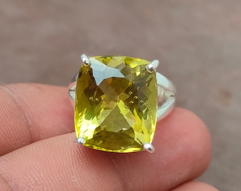 Certified Lemon Quartz Ring: 15 Carat Sterling Silver Cushion Cut