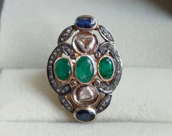 Large Victorian Ring, Natural Emerald & Natural Sapphire Ring, Natural Uncut Raw Diamond, 92.5 Sterling Silver Ring, Gift For Her