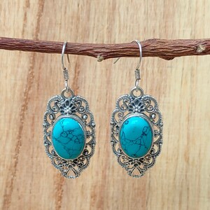 Boho Turquoise Earrings, Natural Tibetan Turquoise Earrings, 92.5 Sterling Silver Earrings, Filigree Work Earrings, Tribal Silver Earrings