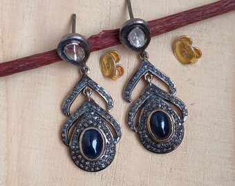 Antique Victorian Earrings, Natural Blue Sapphire And Natural Uncut Diamond Earrings, 92.5 Sterling Silver Earrings,