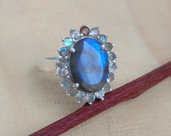 Bague halo de labradorite en argent sterling vintage - Pierre précieuse flash bleue