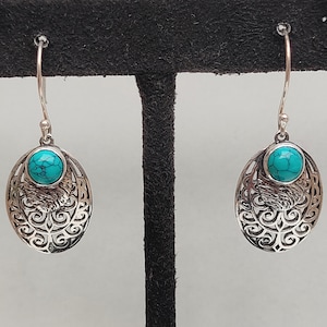 Filigree Work Silver Earrings, Natural Tibetan Turquoise Earrings, 92.5 Sterling Silver Earring, Handmade Tribal Silver Earrings,