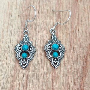 Tribal Boho Silver Earrings Natural Turquoise, 92.5 Sterling Silver Earring, Tibetan Turquoise,Tribal Earrings, Hallmark Handmade,