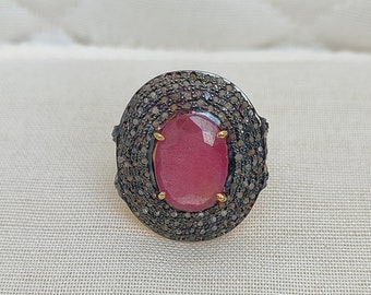 Victorian Style Ruby Ring: Natural Diamond, 925 Sterling Silver