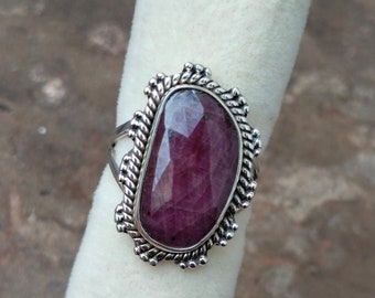Handcrafted Faceted Ruby Sterling Silver Ring, Vintage Style
