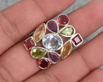 Cocktail Ring, Art Deco Multi Gemstone Ring, 92.5 Sterling Silver Ring, Natural Amethyst, Blue Topaz, Garnet, Peridot, Citrine Ring