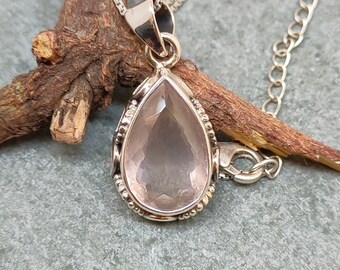 Faceted Rose Quartz Pendant: Teardrop Sterling Silver Necklace