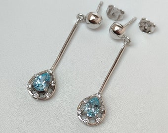 Drop Dangle Earrings, Natural Blue Topaz & Cubic Zircon Earrings, 92.5 Sterling Silver Earrings, Classic Vintage Earrings, Gift For Her