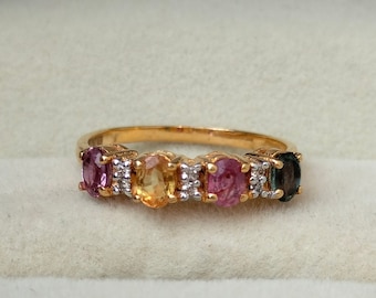 Certified Handmade 18k Yellow Gold Multi Sapphire Ring with Natural Diamonds