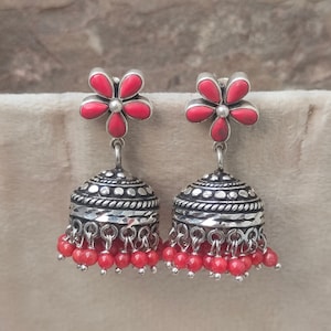 Coral Jhumka Earrings: Handmade 92.5 Sterling Silver Indian Jewelry
