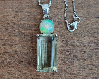 Large Gemstone Pendant, Natural Green Amethyst & Natural  Opal Pendant, 92.5 Sterling Silver Pendant, Handcrafted Gemstones Necklace