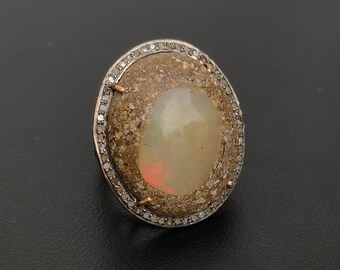 Antique Victorian Ring, Large Natural Opal Ring, Uncut Diamond Ring, 92.5 Sterling Silver Ring, Antique Opal Silver Ring