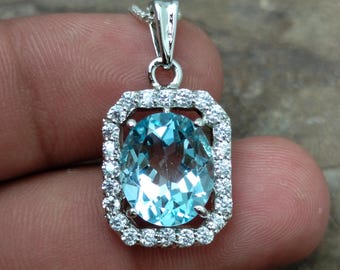 Blue Topaz Silver Necklace, Gemstone Pendant, 92.5 Sterling Silver.