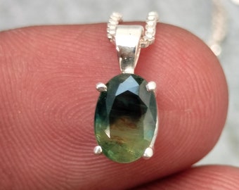 Certified Natural Bio Green Sapphire Necklace, 92.5 Sterling Silver Pendant.