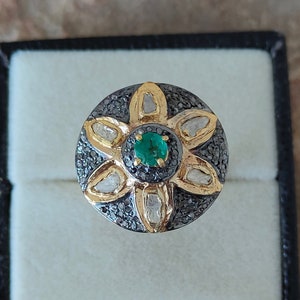 Emerald Victorian Ring Uncut Diamond Emerald Ring  Natural Gemstone Ring 92.5 Sterling Silver