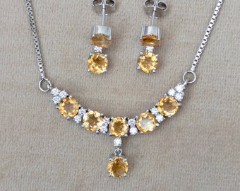 Citrine Necklace Set: Sterling Silver, Faceted Gemstone Earrings