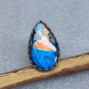 Pear Natural Labradorite Ring, 92.5 Sterling Silver, Multi Flash Labradorite, Statement Ring, Gemstone Size- 35 x 21 MM