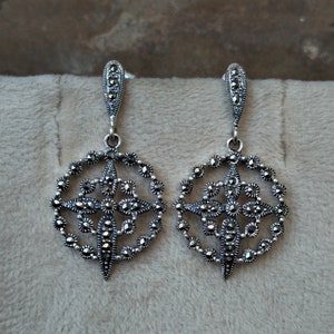 Drop Dangle Earrings Natural Marcasite Earrings 92.5 Sterling Silver Handmade Vintage Earrings
