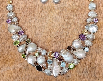Multi Gemstone Necklace Set, Natural Pearl, Citrine, Amethyst, Blue & Smoky Topaz, Garnet, Peridot Necklace, 92.5 Sterling Silver