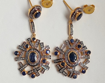 Antique Victorian Earrings, Natural Blue Sapphire & Natural Rose Cut Diamond Earrings, 92.5 Sterling Silver Earrings, Gold Plated Earrings