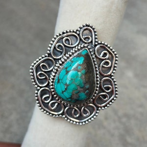 Large Vintage Turquoise Ring, Natural Tibetan Turquoise, 92.5 Sterling Silver Ring, Tribal Cabochon Turquoise Ring, Gemstone Size 18 x 13 MM