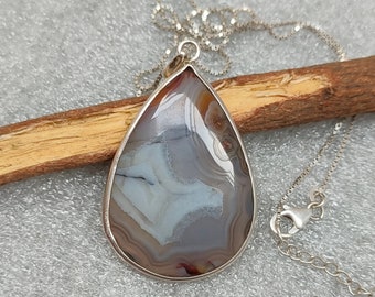 Picture Agate Pendant, Large Natural Gemstone Size- 45 X 32 MM, 92.5 Sterling Silver Pendant, Large Pear Agate, Vintage Handmade