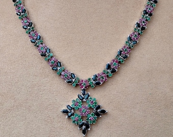 Natural Ruby Sapphire Emerald Necklace Set 92.5 Sterling Silver Geniune Ruby Emerald Sapphire Necklace, Jewellery Set.