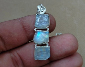 Rainbow Moonstone Rough Necklace  92.5 Sterling Silver Pendant Rough Gemstone Jewellery.