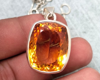 Large Citrine Sterling Silver Pendant Necklace: AAA Quality, 34 Carats