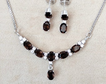 Ensemble de colliers en argent sterling avec quartz fumé : bijoux faits main en pierres précieuses ovales