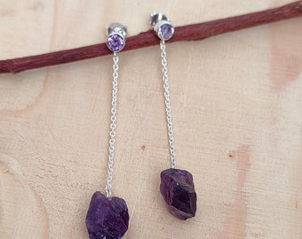 Rough Cut Amethyst Dangle Earrings, 925 Sterling Silver, Raw Stone Jewelry
