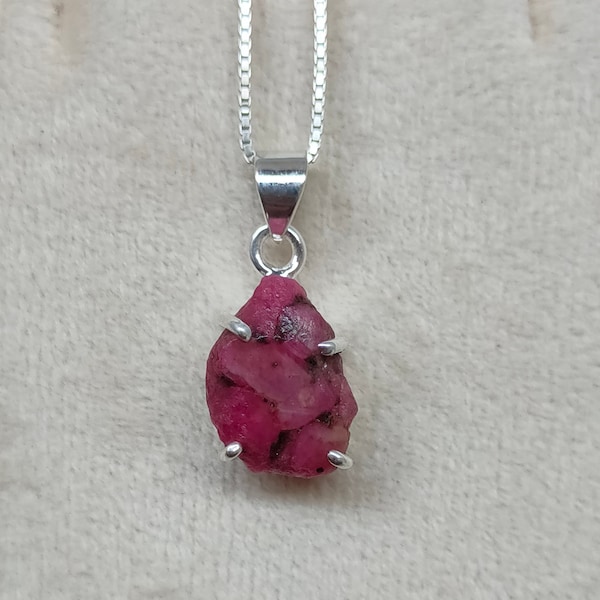 Natural Raw Cut Ruby Pendant, Rough Cut Ruby Pendant, 92.5 Sterling Silver Pendant, Tribal Ruby Pendant With Chain Necklace
