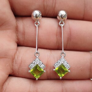 Drop Dangle Earrings Natural Peridot in Solid 92.5 Sterling Silver Green Gemstone Earrings