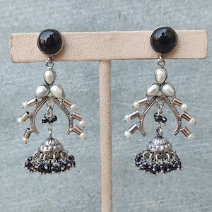 Handmade Sterling Silver Jhumka Earrings: Black Onyx & Pearl, Indian Tribal Vintage