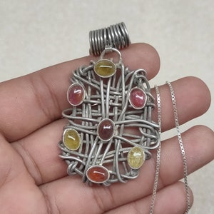 Großer Multi Turmalin Anhänger, Natürlicher Multi Turmalin Anhänger, 925 Sterling Silber Anhänger, Turmalin Anhänger in Drahtfassung