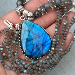 Labradorite Sterling Silver Necklace: Vintage Pear Cabochon Design