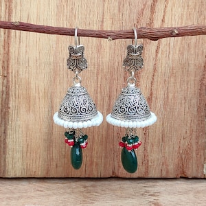 Handmade Sterling Silver Jhumka Earrings: Green Onyx & Pearl Beads
