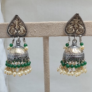 Handmade Sterling Silver Jhumka Earrings: Green Onyx & Pearl
