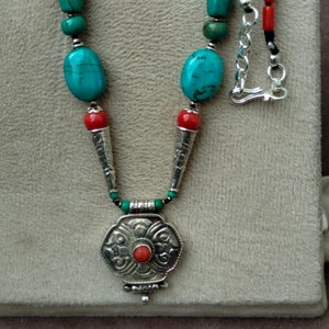 Old Tibetan Necklace, Natural Turquoise & Coral Necklace, 92.5 Sterling Silver Necklace, Tibetan  Necklace, Tribal  Necklace,