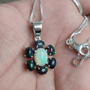 Natural Fire Opal Pendant, Natural White & Black Opal Pendant, 92.5 Sterling Silver Pendant, Cabochon Gemstone Silver Pendant, Gift For Her