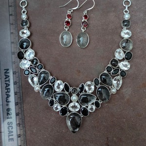 Natural Multi Stone Silver Necklace, Geniune Multi Gemstone Necklace, 92.5 Sterling Silver Necklace with Earrings.