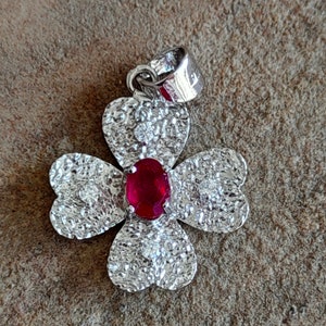 Flower Design Pendant, Large Natural Ruby & Zircon Pendant. 92.5 Sterling Silver Pendant, Handmade Gemstone Pendant, Gift For Her