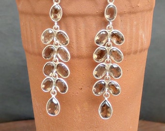 Drop Dangle Earrings Natural smokey Quartz in Solid 92.5 Sterling Silver