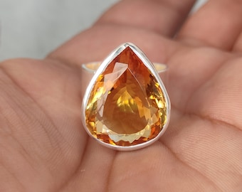 Handcrafted Sterling Silver Citrine Ring: 17.56 Carat Pear Stone