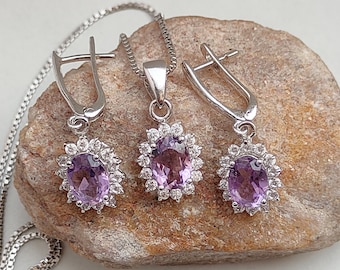 Amethyst Necklace & Earring Set: Sterling Silver Halo Jewelry